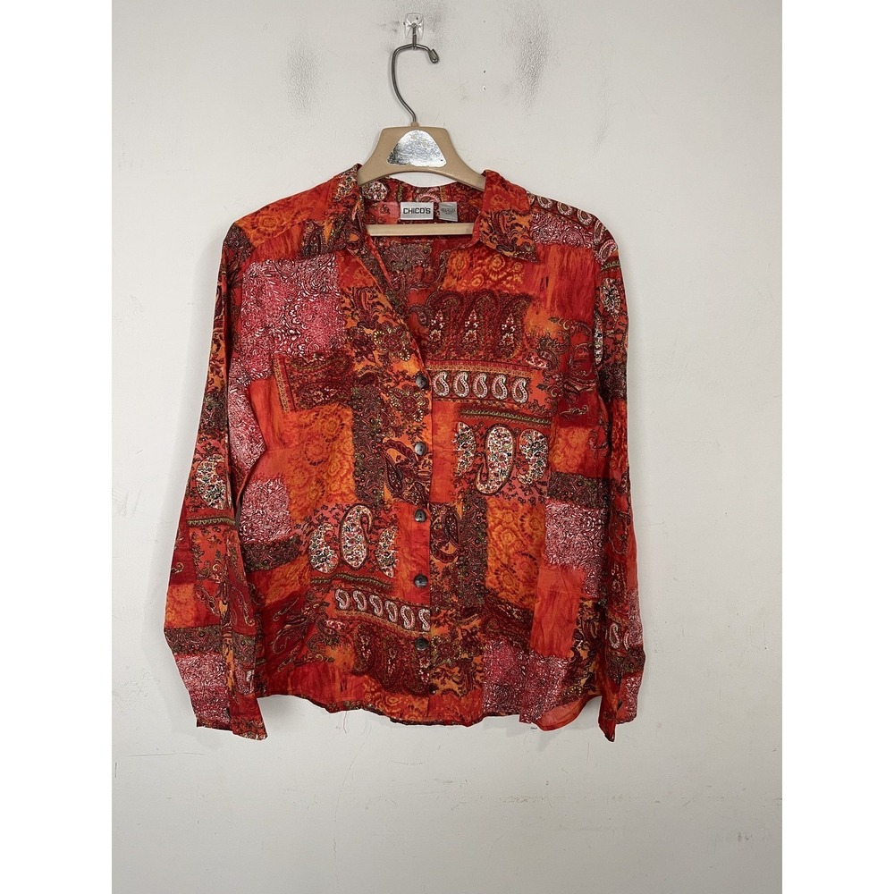 Chicos Womens Shirt Size 2 Large‎ Red Patchwork Paisley Button Up Fall Autumn